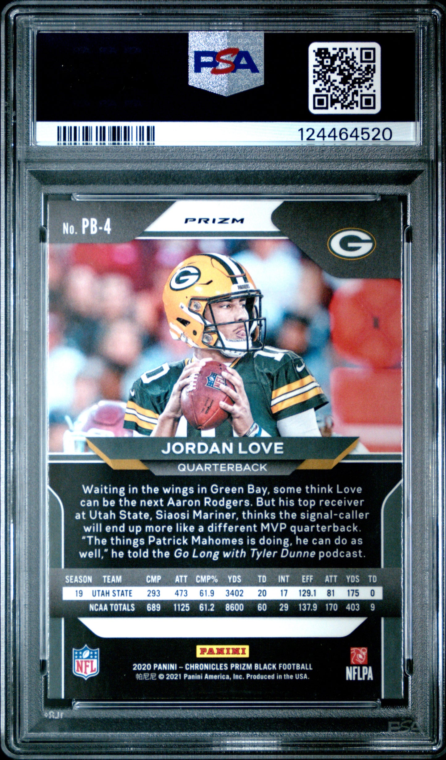 2020 Panini Chronicles Prizm Black Jordan Love #PB4 Silver PSA 9
