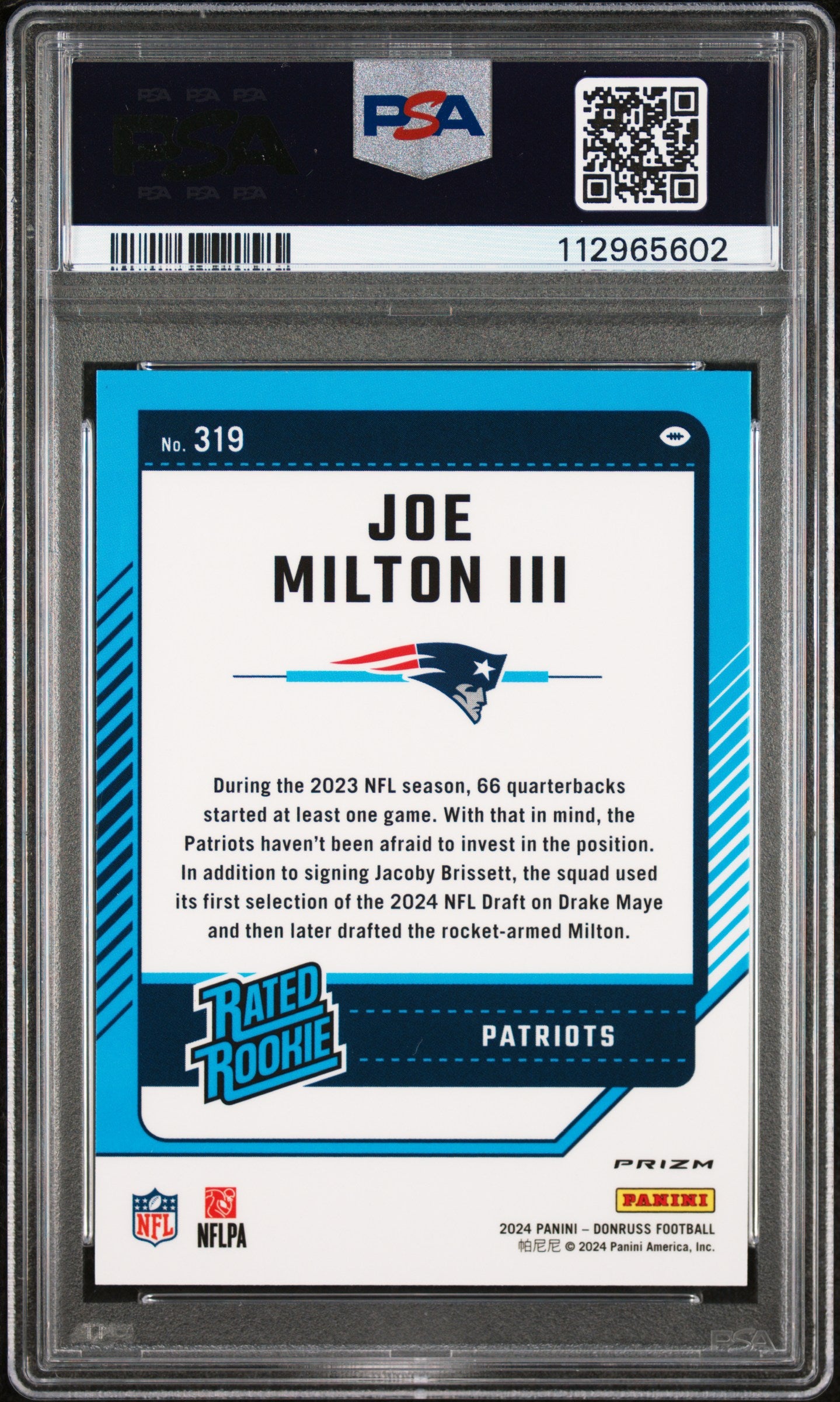 2024 Panini Donruss Joe Milton III #319 Optic Preview Pink PSA 10