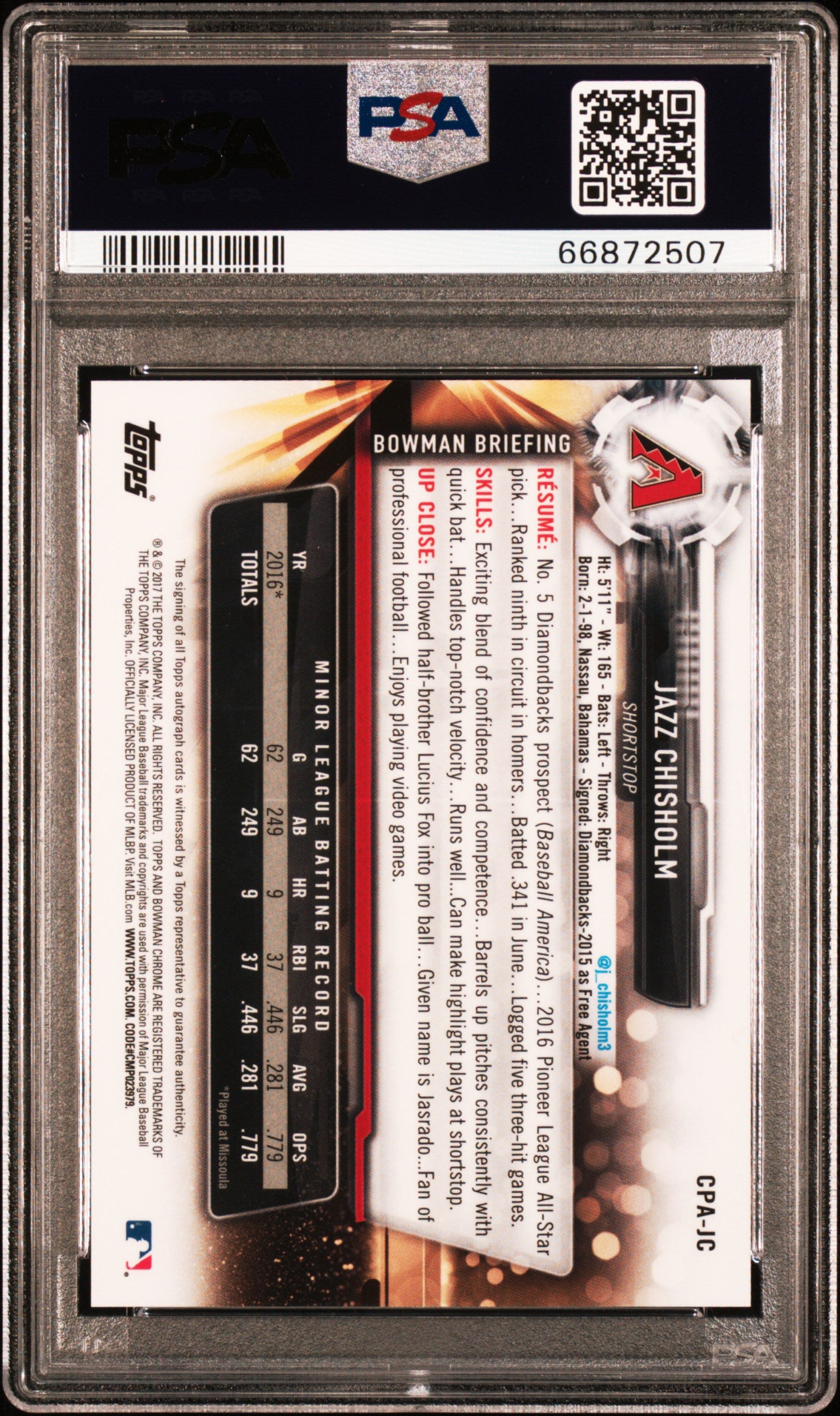 2017 Bowman Chrome Prospect Autographs Jazz Chisholm #JC PSA 10 Auto 10