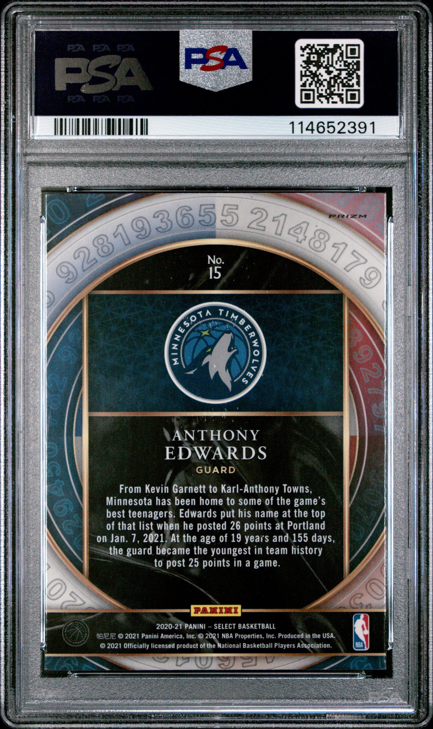 2020 Panini Select Select Numbers Anthony Edwards #15 Silver PSA 9