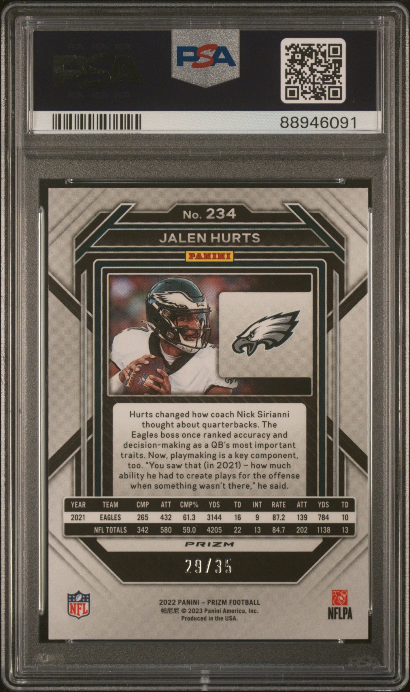 2022 Panini Prizm Jalen Hurts #234 No Huddle Purple PSA 9