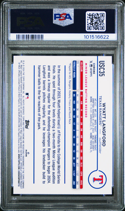 2024 Topps Chrome Update Wyatt Langford #USC35 Aqua Refractor /199 PSA 9