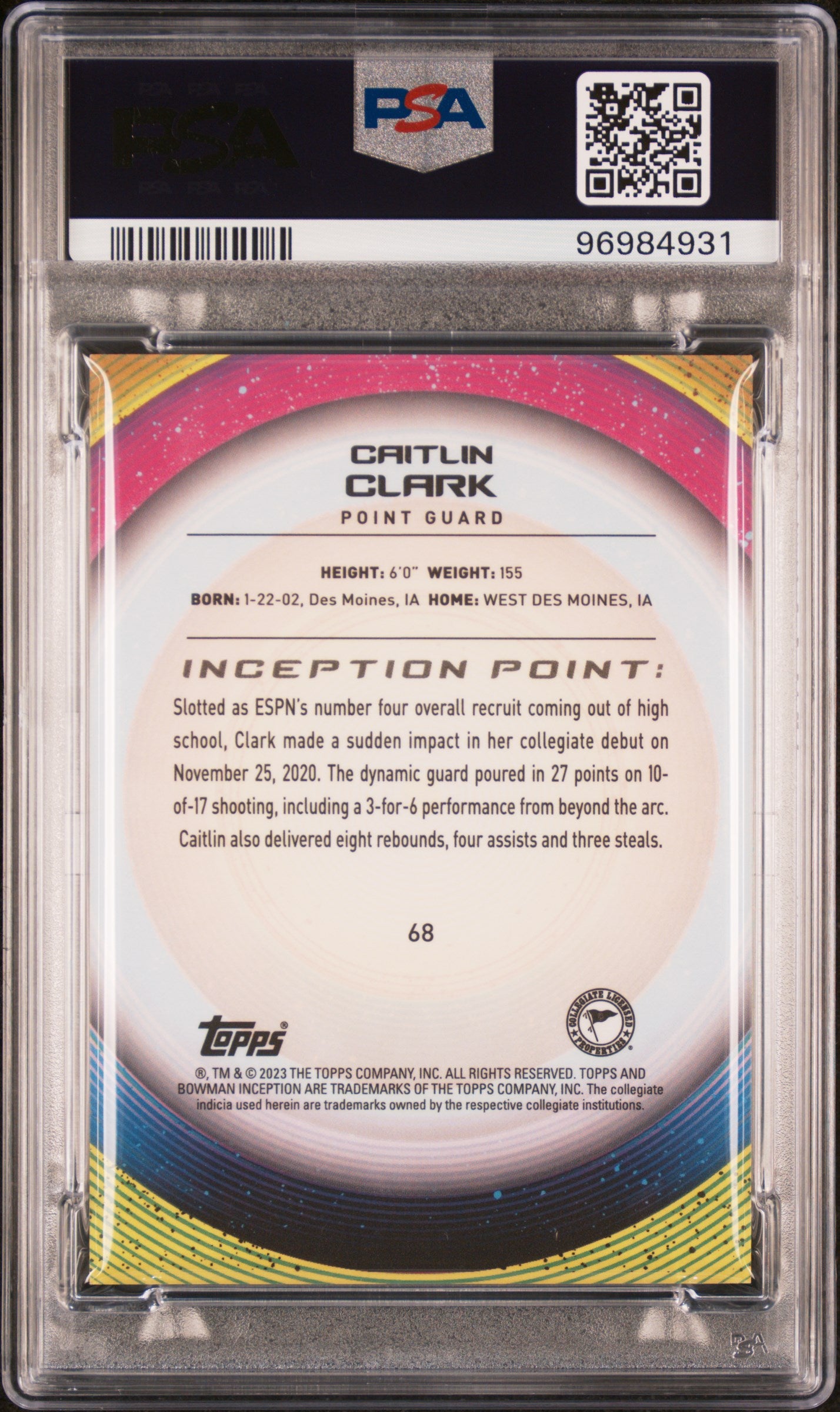 2022 Bowman University Inception Caitlin Clark #68 PSA 10