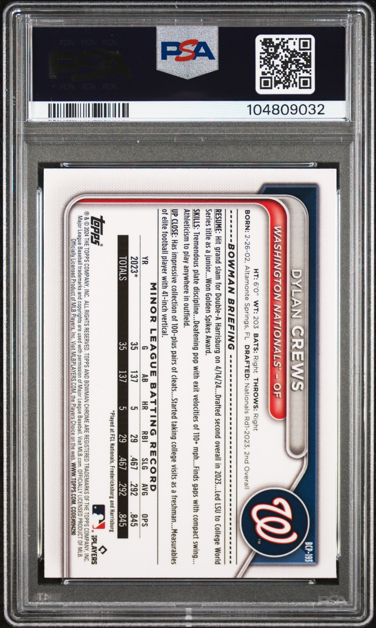 2024 Bowman Mega Box Chrome Prospects Dylan Crews #193 Green Refractor PSA 10