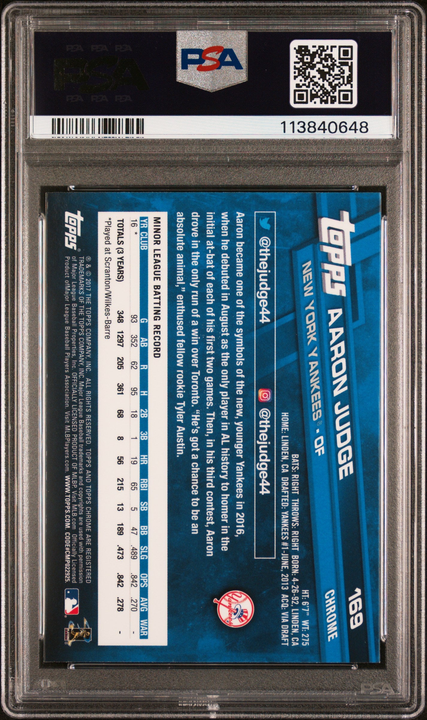 2017 Topps Chrome Aaron Judge #169 PSA 9