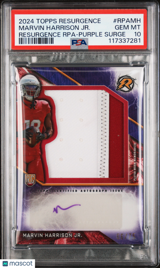 2024 Topps Resurgence Resurgence Rookie Patch Autographs Marvin Harrison JR. #RPAMH Rpa Purple 66/75 PSA 10
