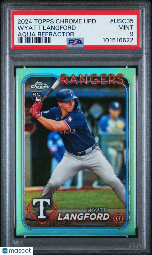 2024 Topps Chrome Update Wyatt Langford #USC35 Aqua Refractor 045/199 PSA 9